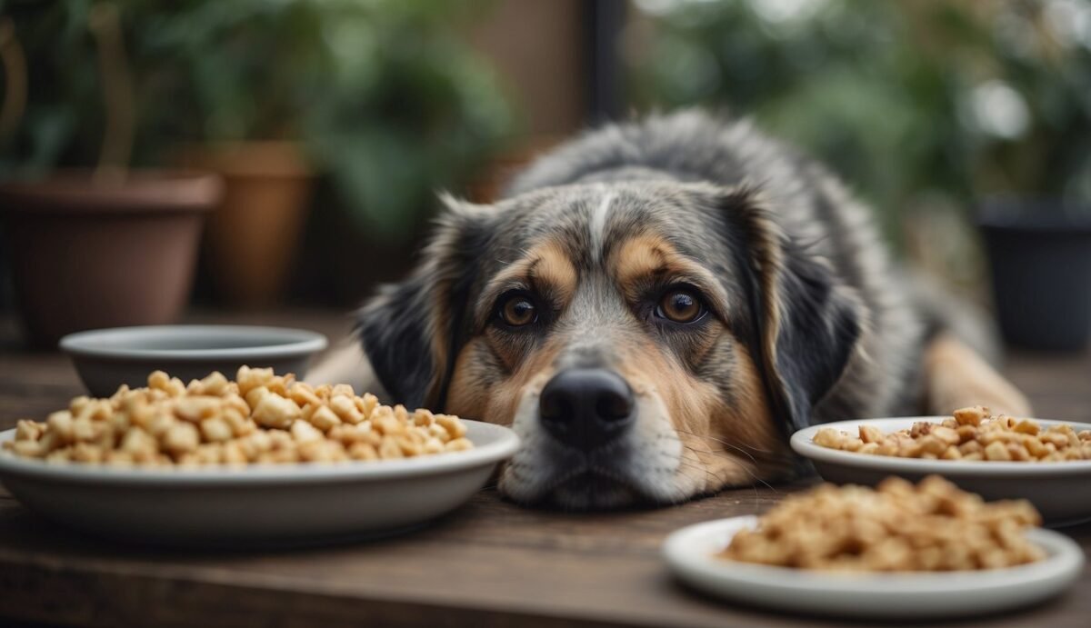 A senior dog lying down, struggling to stand, with a dull coat and cloudy eyes, surrounded by scattered food and water bowls