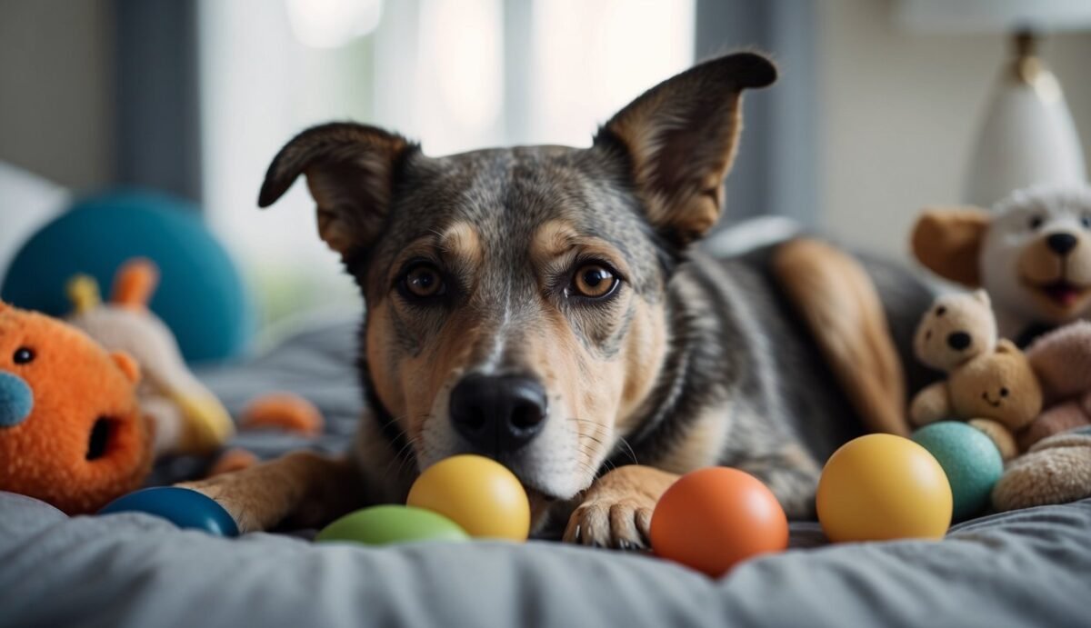 A gray-muzzled dog lies on a soft bed, surrounded by toys and a water bowl. Its eyes show wisdom and weariness, and its movements are slow and deliberate