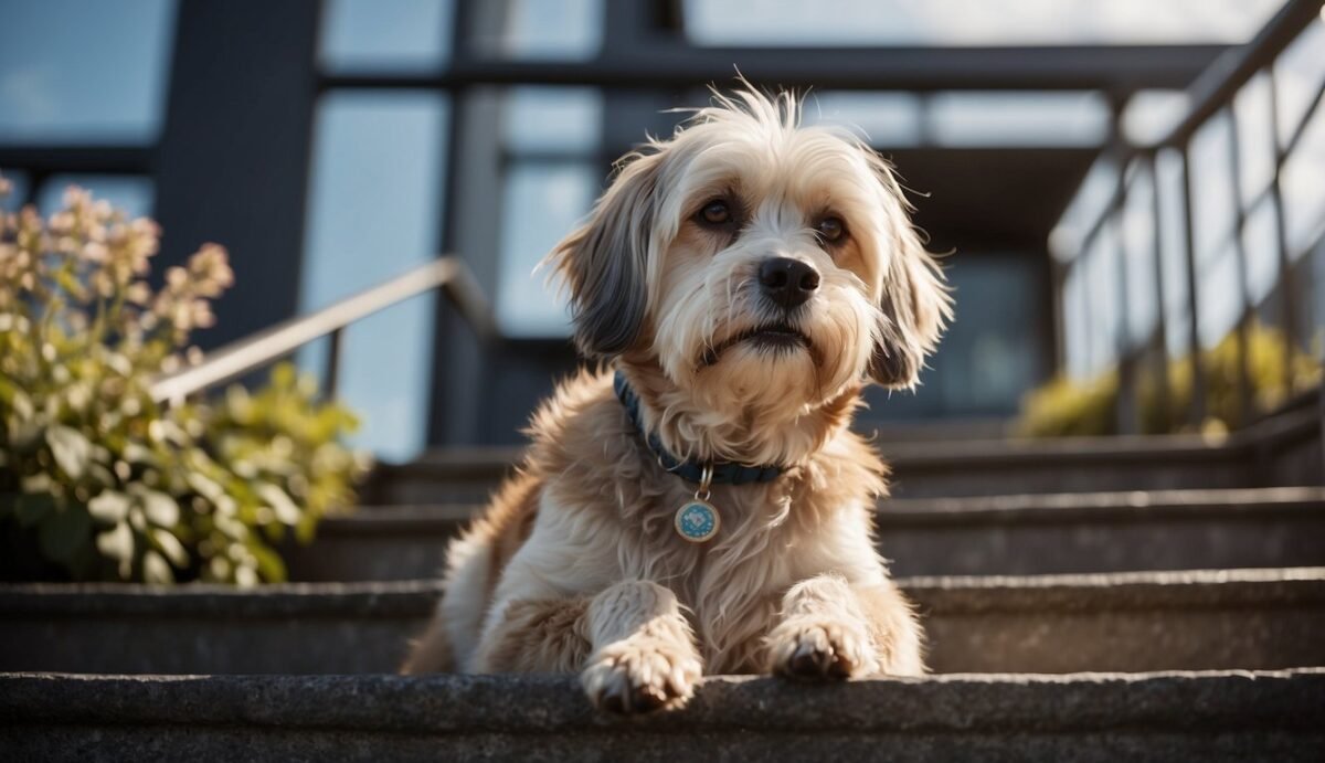 A senior dog with drooping posture and cloudy eyes, avoiding stairs and showing decreased interest in activities