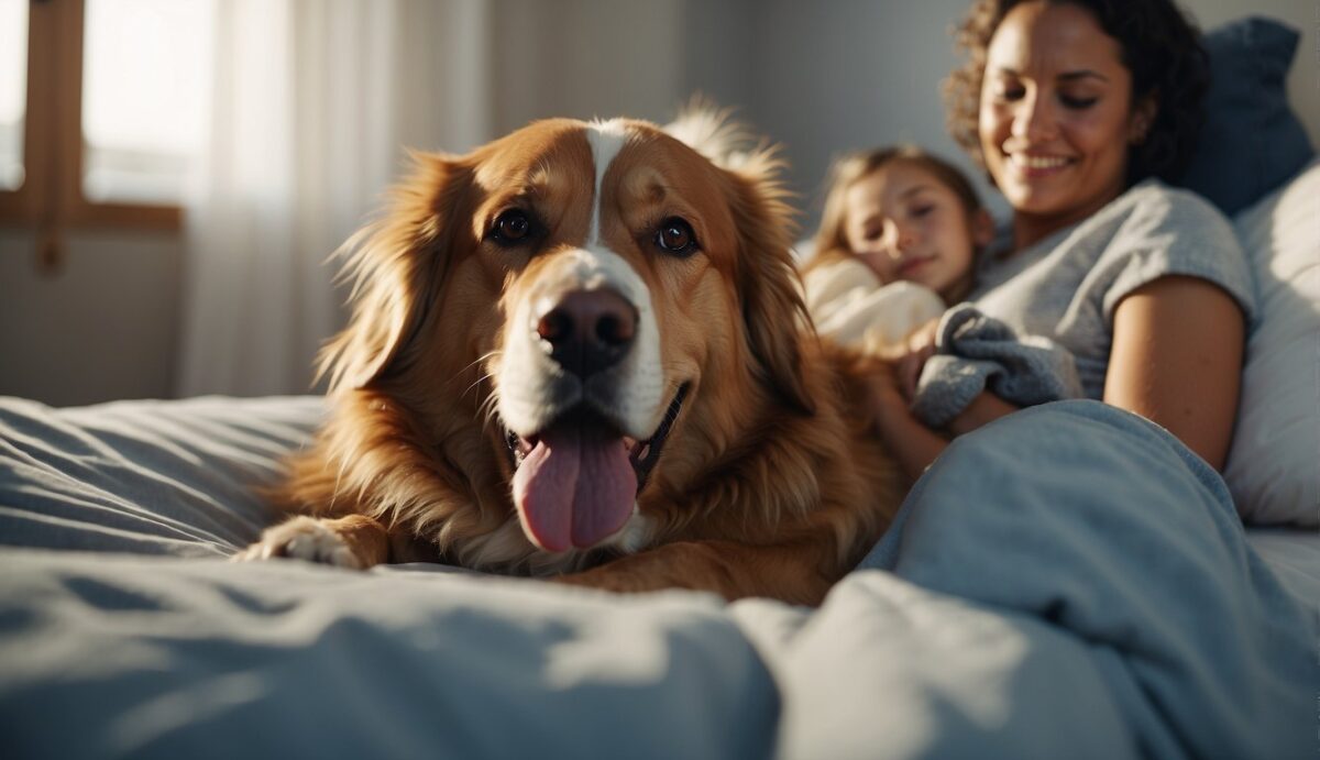 A dog lying on a comfortable bed, surrounded by loving family members. A veterinarian administering pain relief medication. A peaceful and serene atmosphere