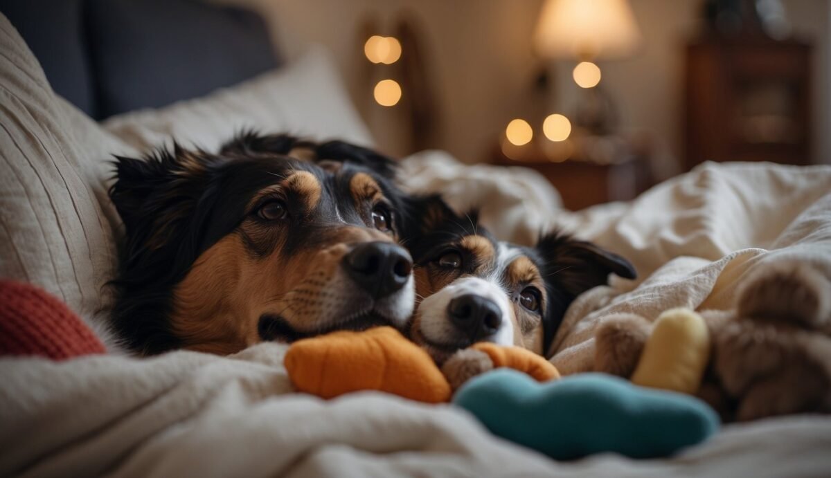 A dog lying peacefully on a soft bed, surrounded by comforting blankets and toys. A veterinarian gently administering pain relief medication while the dog's owner looks on with love and concern