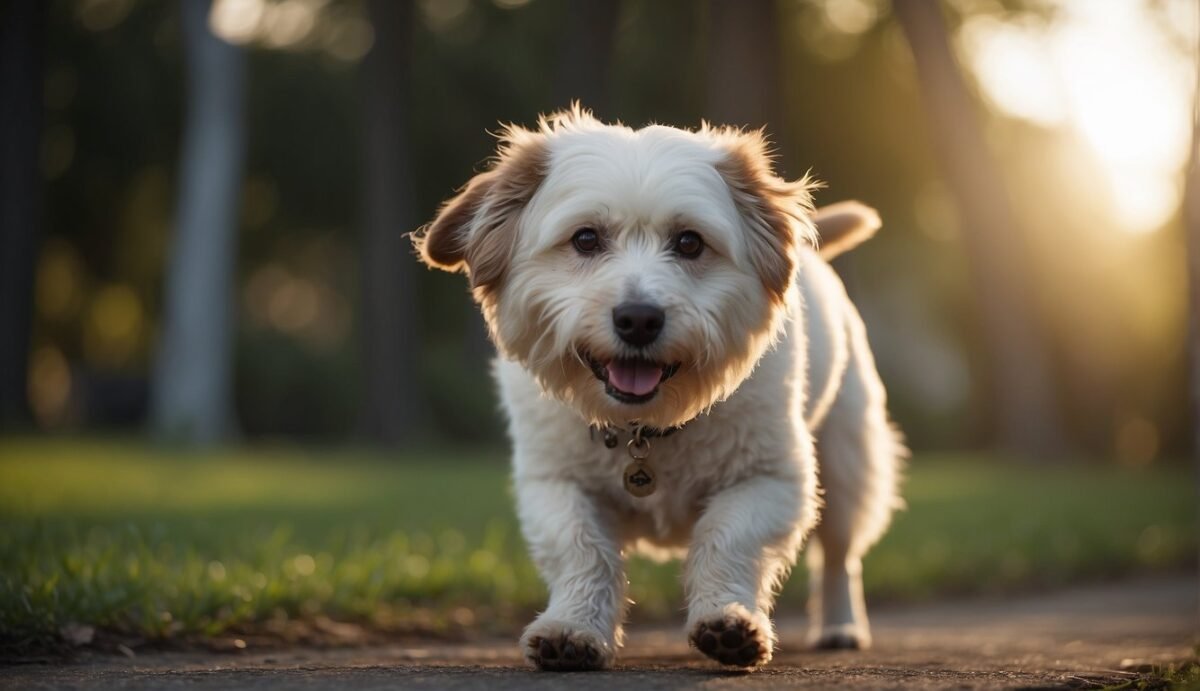 A senior dog struggles to stand, with stiff joints and slow movements. Its fur is dull, and it avoids physical activity