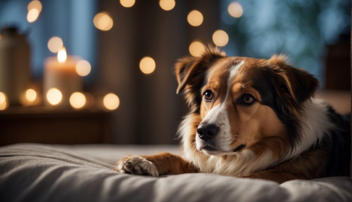 A peaceful dog lying on a comfortable bed surrounded by soft lighting and calming music, with a gentle therapist administering complementary therapies for palliative care