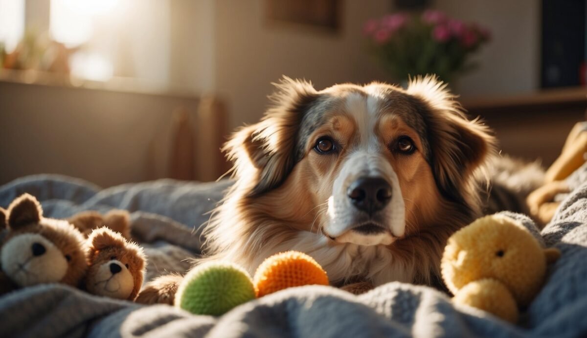 A senior dog laying in a cozy bed, surrounded by familiar toys and blankets. Sunlight streams through the window, casting a warm glow on the peaceful scene