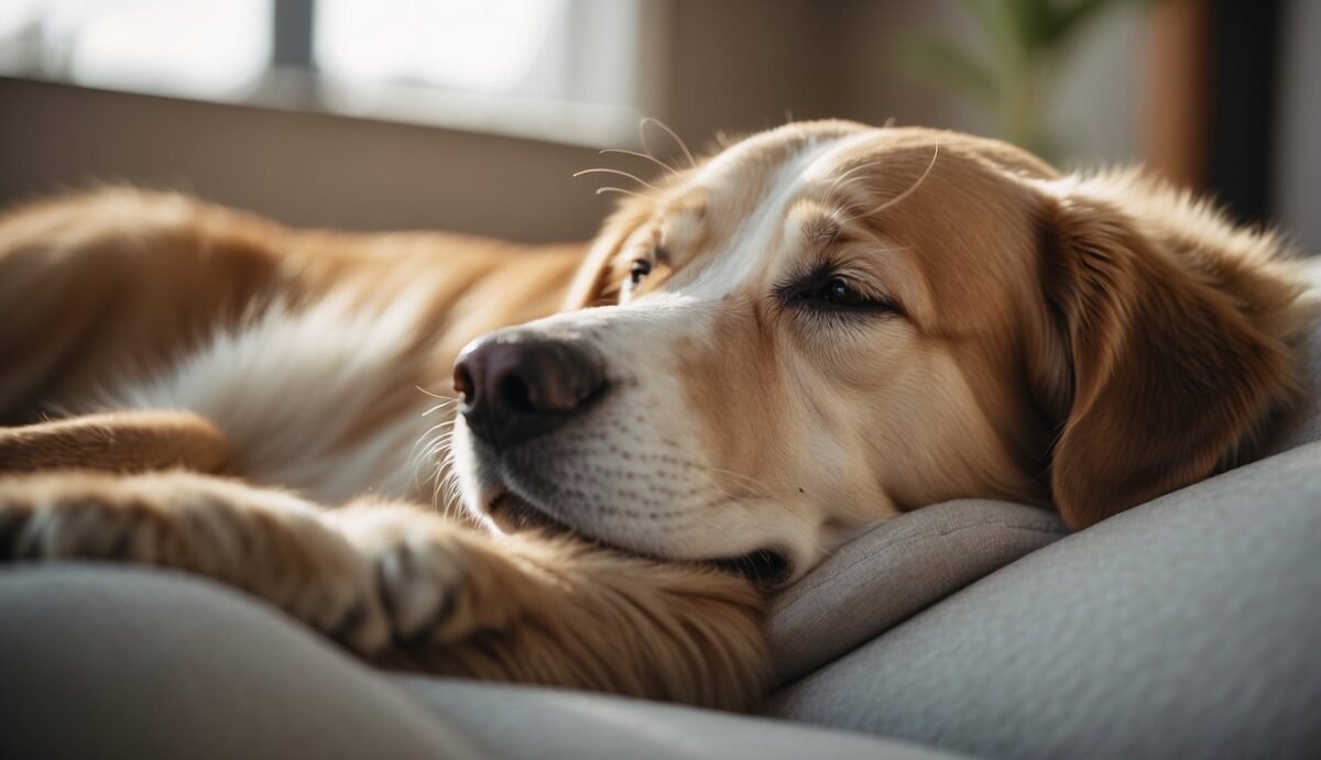 A peaceful dog resting in a comfortable and serene environment, surrounded by loving caregivers providing palliative care