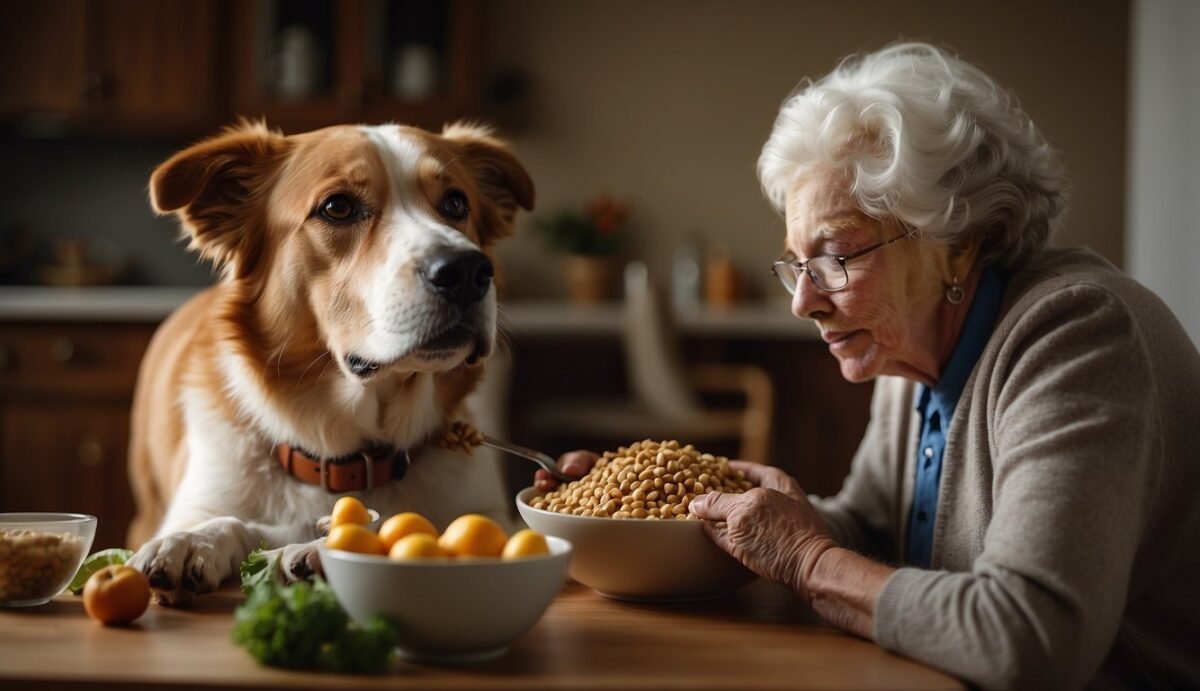 A senior dog eating from a bowl of balanced, nutritious food while a caregiver observes for any signs of decline in the dog's health and behavior