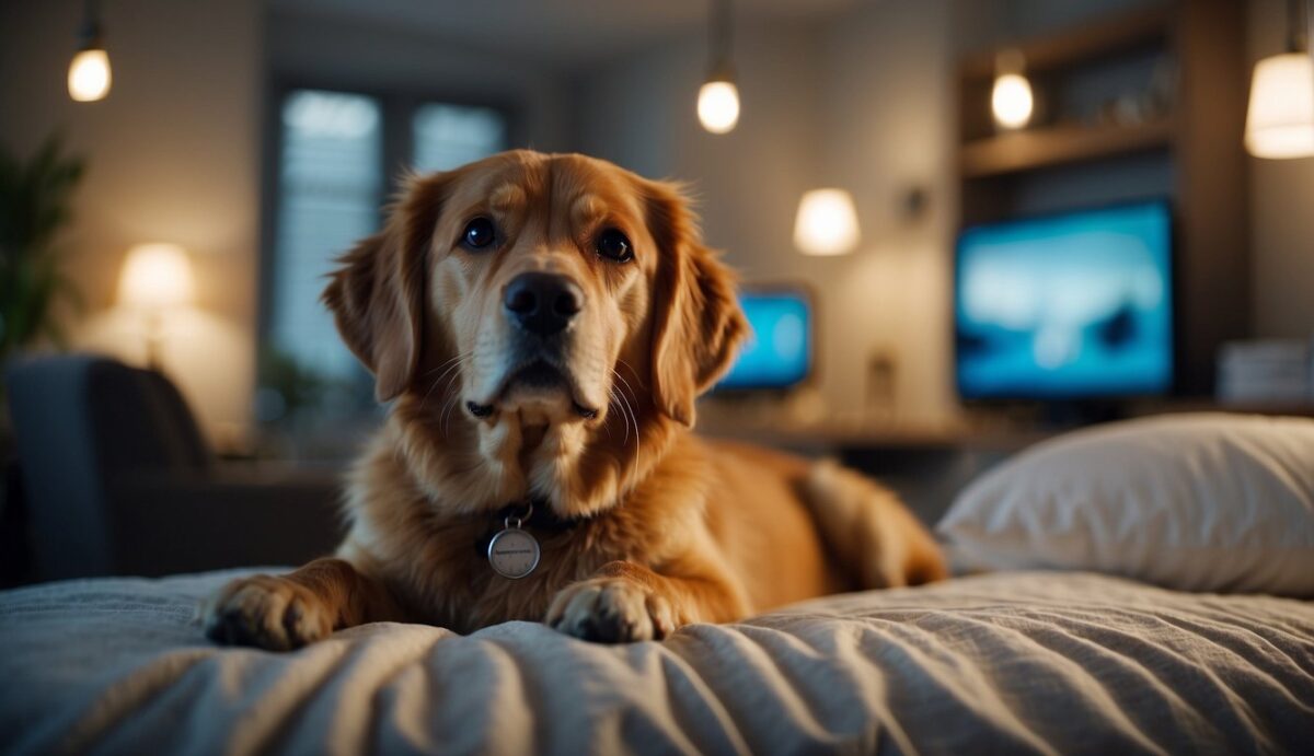A dog lying on a comfortable bed surrounded by caring veterinarians and pet owners, with soft lighting and soothing music in the background