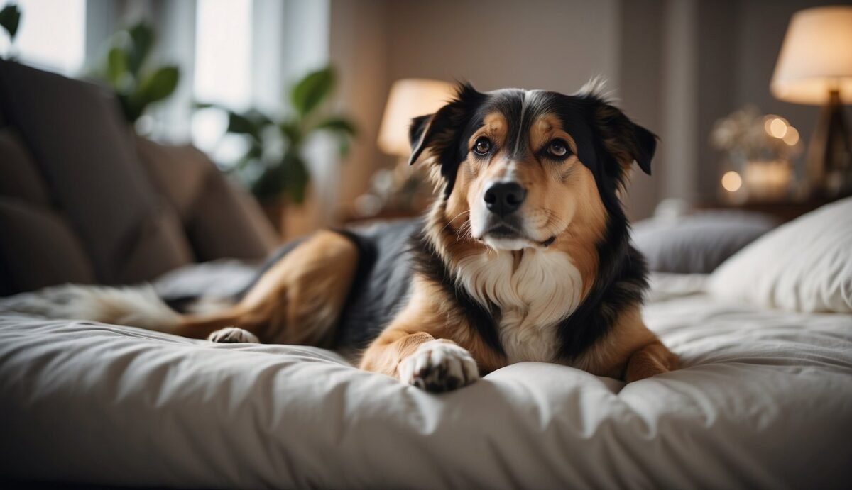 A dog lying on a comfortable bed surrounded by supportive resources and palliative care options, with a serene and peaceful atmosphere