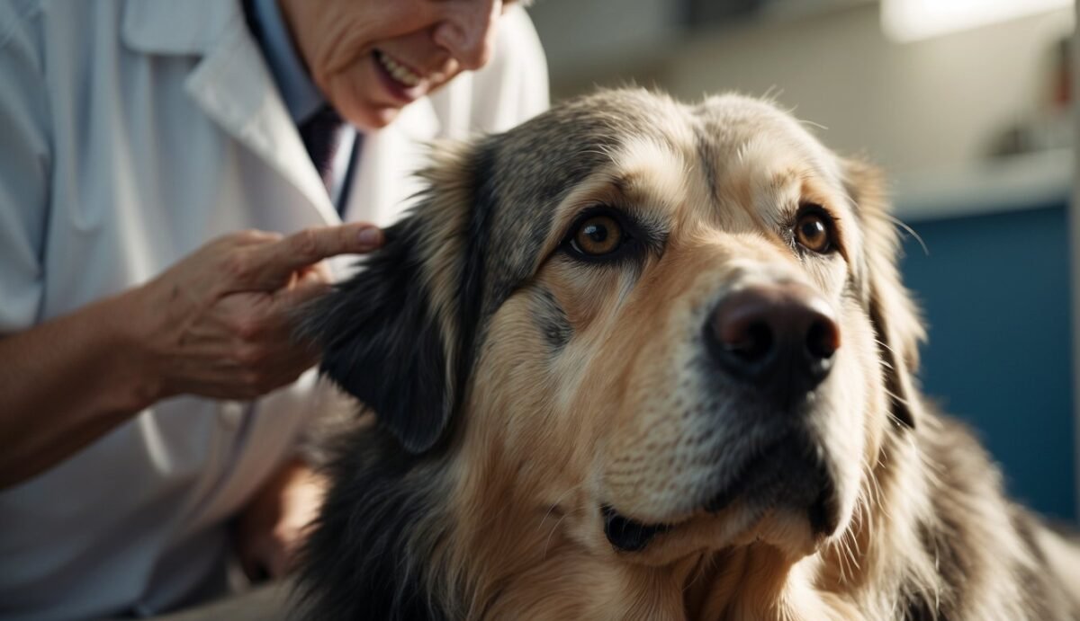 A senior dog lying down with droopy eyes, stiff movements, and a dull coat, while a concerned veterinarian examines its teeth and listens to its heartbeat