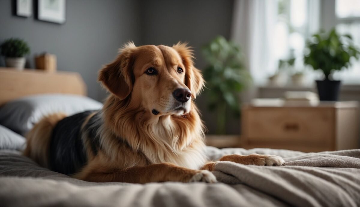 A serene dog lying on a comfortable bed surrounded by caring veterinarians and family members, receiving gentle and compassionate palliative care