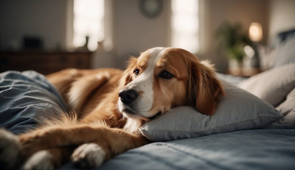 A peaceful dog lying on a comfortable bed, surrounded by loving family members and a caring veterinarian. The room is filled with soft lighting and soothing music, creating a calm and comforting atmosphere