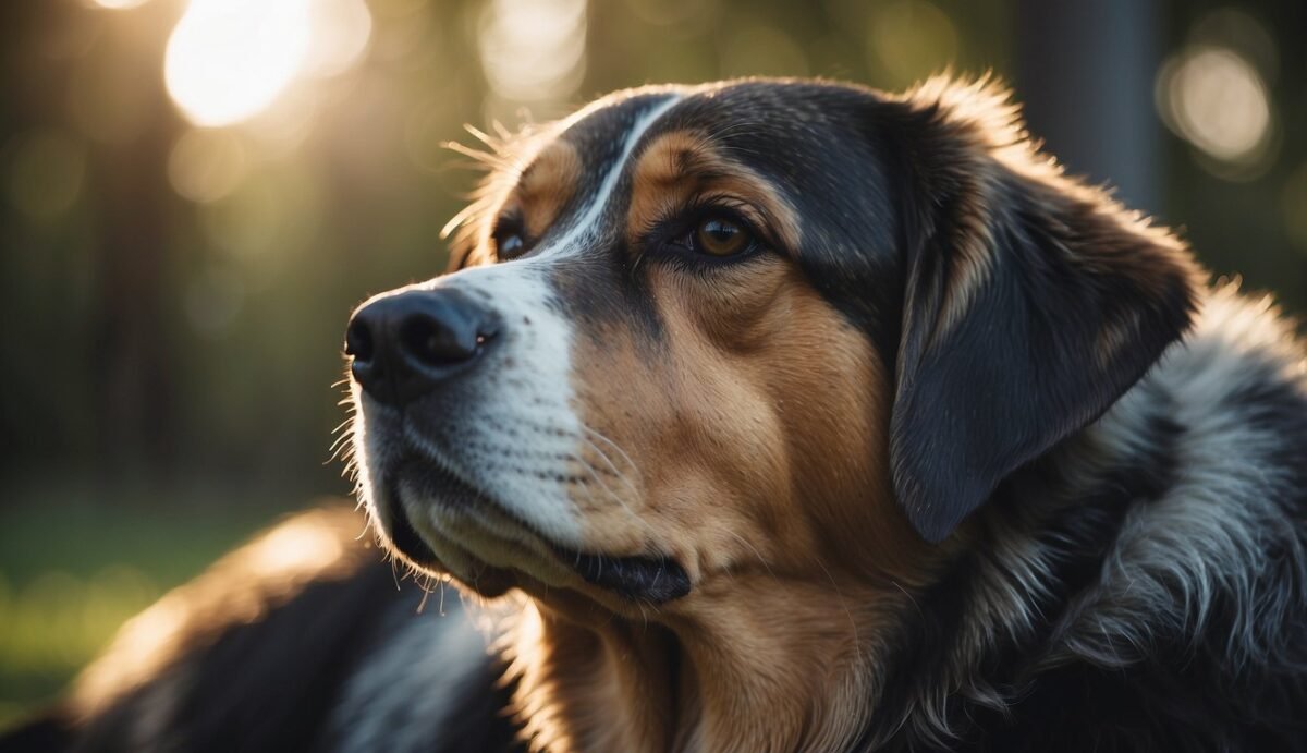 An older dog resting its head on a younger dog's shoulder, the younger dog looking up with a concerned expression