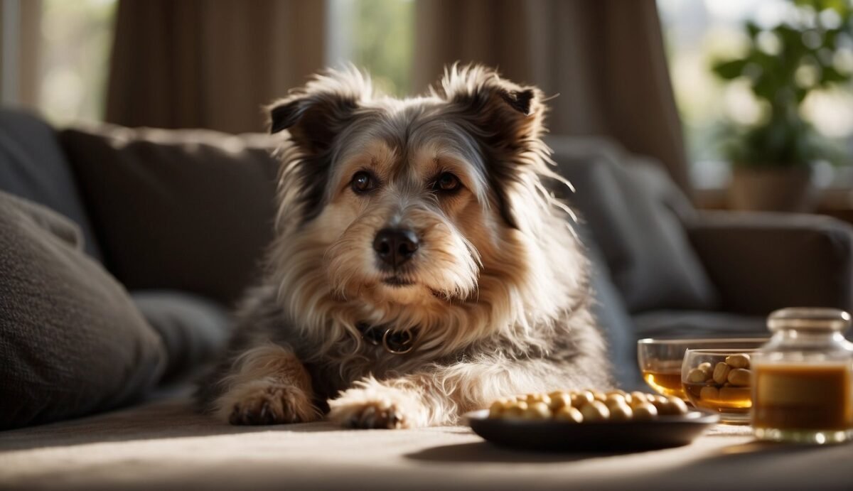 A senior dog lies in a cozy, sunlit room. Its fur is graying, and it moves with caution. A bowl of holistic supplements sits nearby, alongside a gentle massage tool