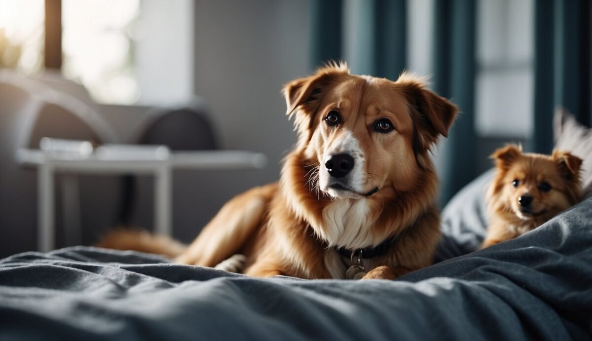 A dog lying on a comfortable bed, surrounded by caring veterinarians and family members, receiving palliative care and comfort during their terminal illness