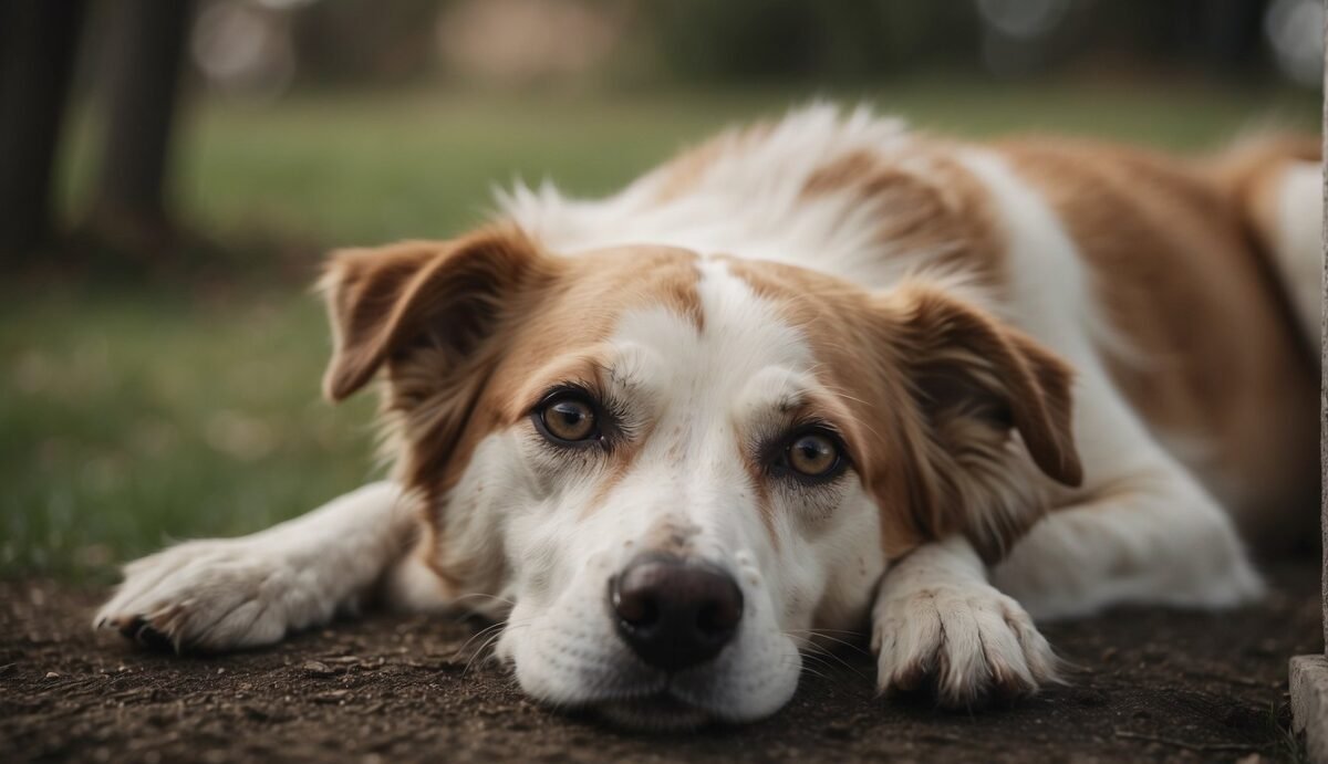 An elderly dog lying down, struggling to stand, with cloudy eyes and a limp tail