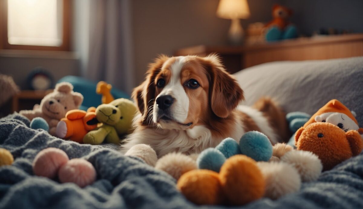 A dog lying on a soft bed surrounded by familiar toys and blankets. Soft, gentle lighting and soothing music in the background