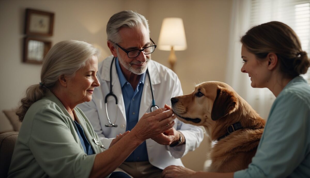 A veterinarian gently administers a final injection to a peaceful, aging dog surrounded by loving family in a quiet, comforting room