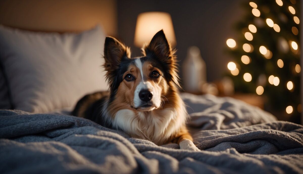 A peaceful dog lying on a soft bed, surrounded by comforting items like blankets and toys. Soft lighting creates a warm and calming atmosphere