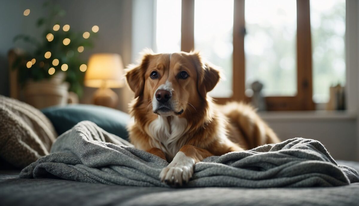 A peaceful dog lies on a soft bed surrounded by comforting items such as blankets, toys, and soothing music. A gentle light illuminates the room, creating a calm and serene atmosphere for the dog's final days
