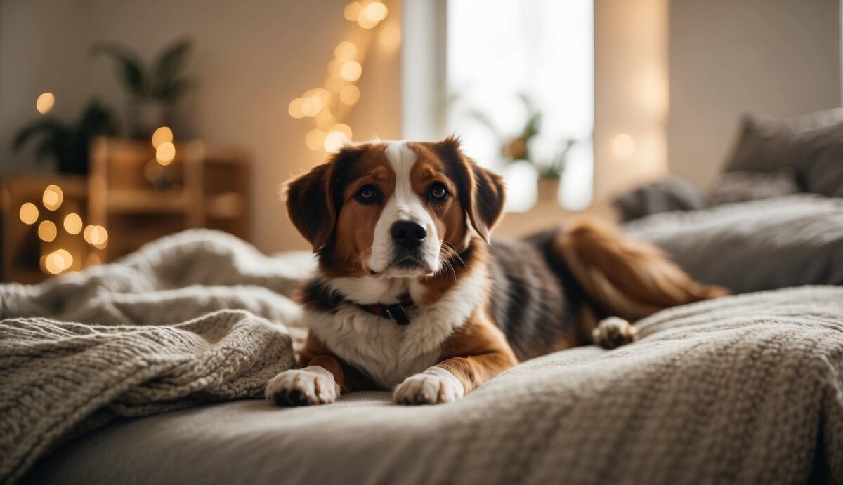 A peaceful dog lying on a soft bed surrounded by comforting items such as blankets, toys, and familiar smells. The room is filled with warm, natural light, creating a serene and calming atmosphere