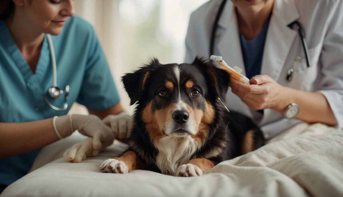A sad dog lying on a cozy bed, surrounded by loving family members, with a veterinarian gently administering a final injection