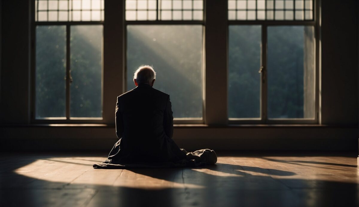 A lone figure sits in a dimly lit room, head bowed in contemplation. Shadows cast a sense of uncertainty and grief, as the weight of euthanasia guilt hangs heavy in the air