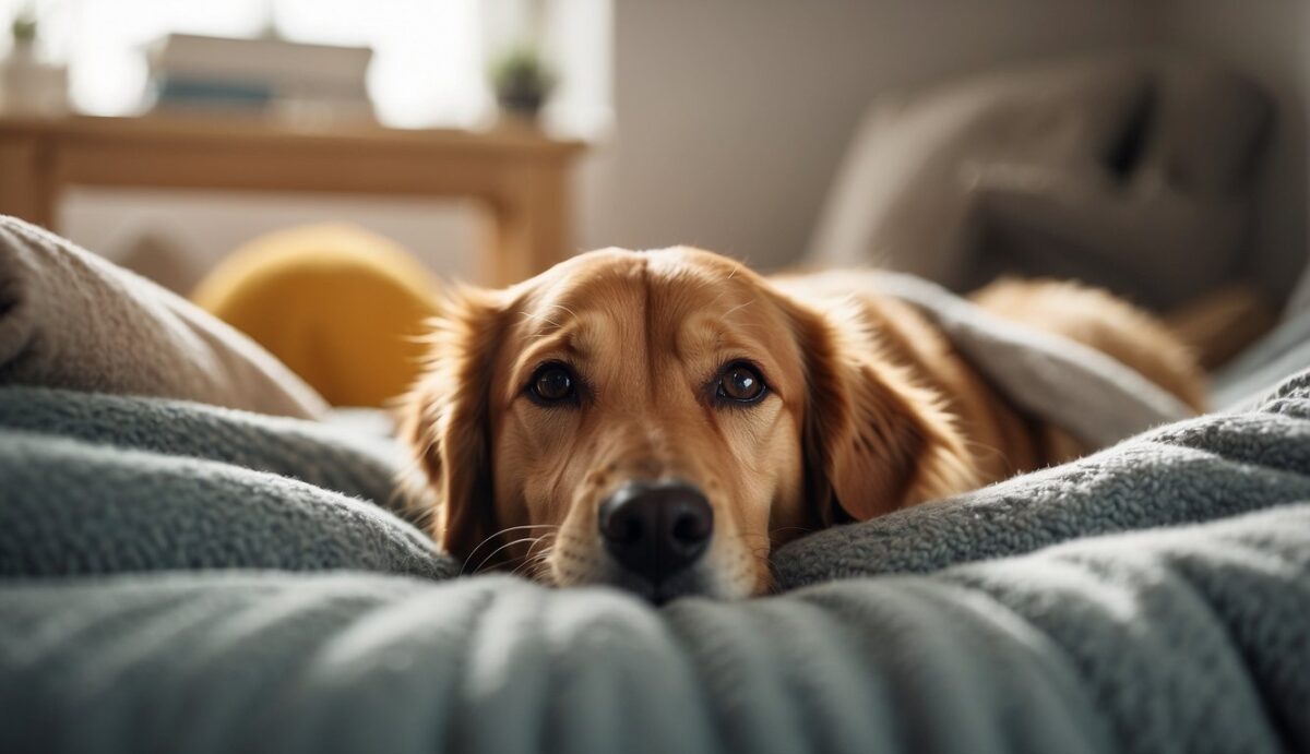 A peaceful dog lying on a soft bed surrounded by comforting items, such as blankets and toys. A gentle light fills the room, creating a warm and calming atmosphere