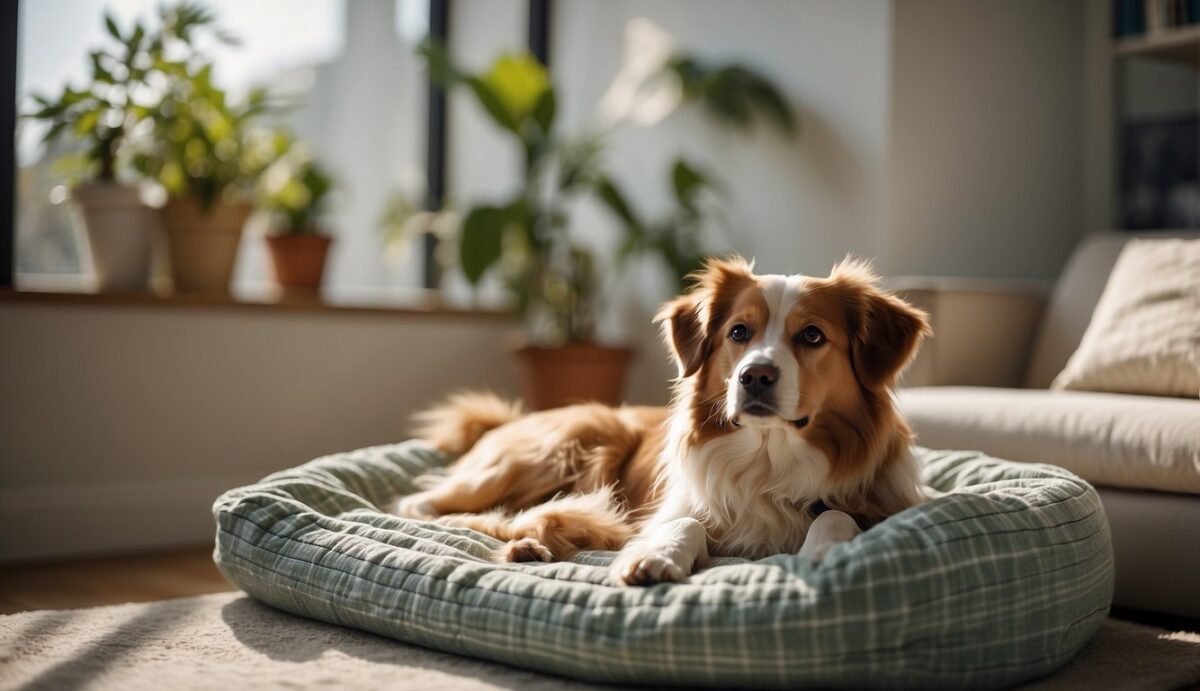 A peaceful, sunlit room with a cozy dog bed, soft blankets, and a gentle breeze through an open window. A bowl of fresh water and a comforting toy nearby