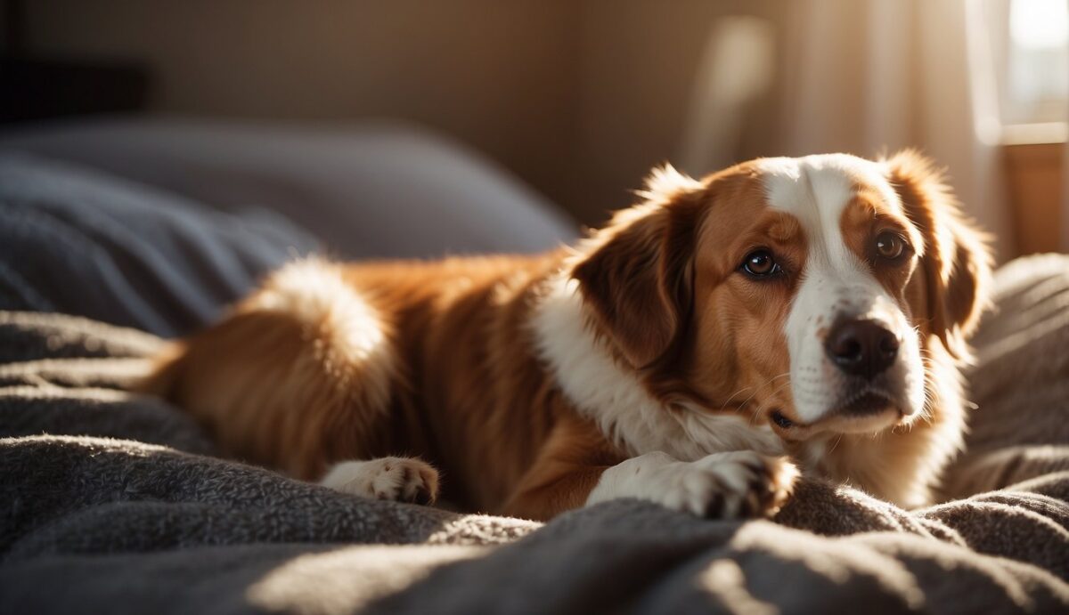 A peaceful dog lying on a soft bed, surrounded by comforting blankets and toys. Sunlight streams through the window, casting a warm glow on the serene scene