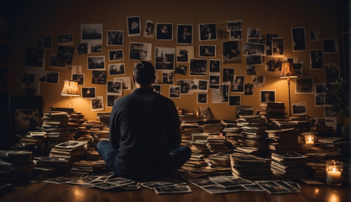 A person sitting alone in a dimly lit room, head bowed, surrounded by photos and mementos. A sense of heaviness and sadness hangs in the air