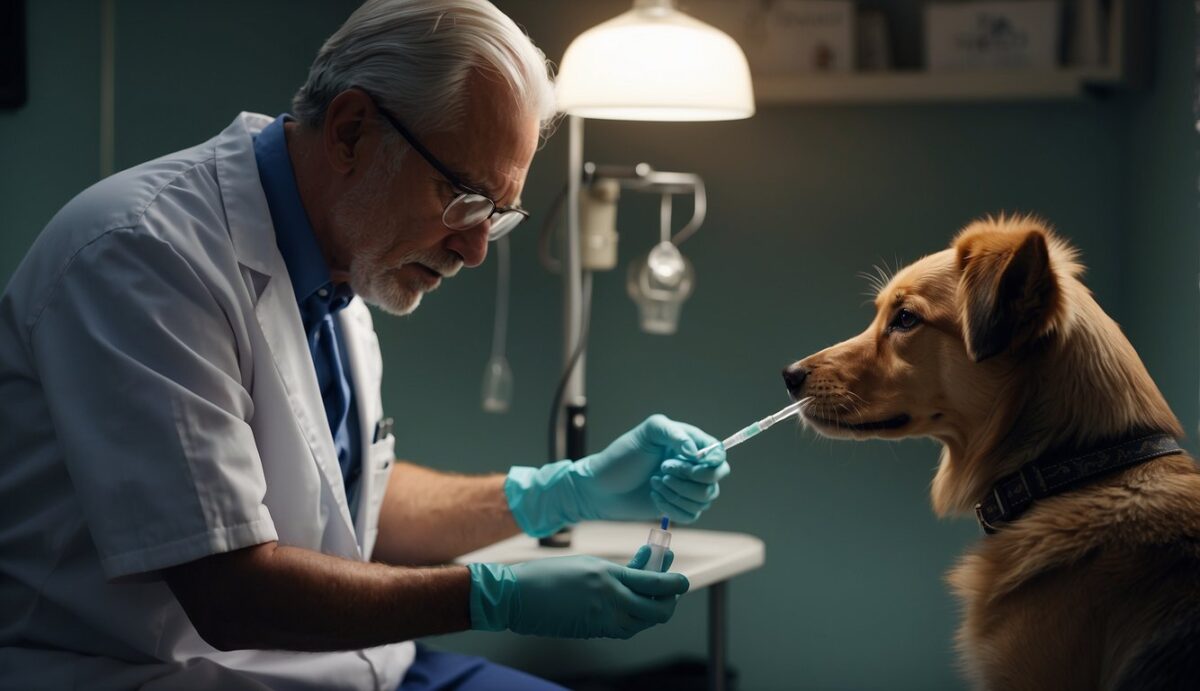 A solemn veterinarian administers a final injection to a peaceful, aging dog in a cozy, dimly lit exam room