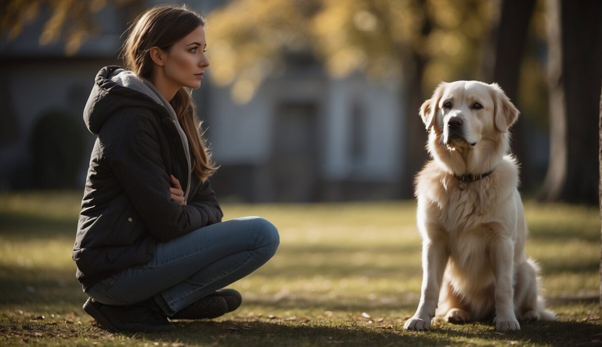 A somber figure sits beside a loyal dog, contemplating the difficult decision of euthanasia. The dog looks up with trusting eyes, as the figure wrestles with emotions