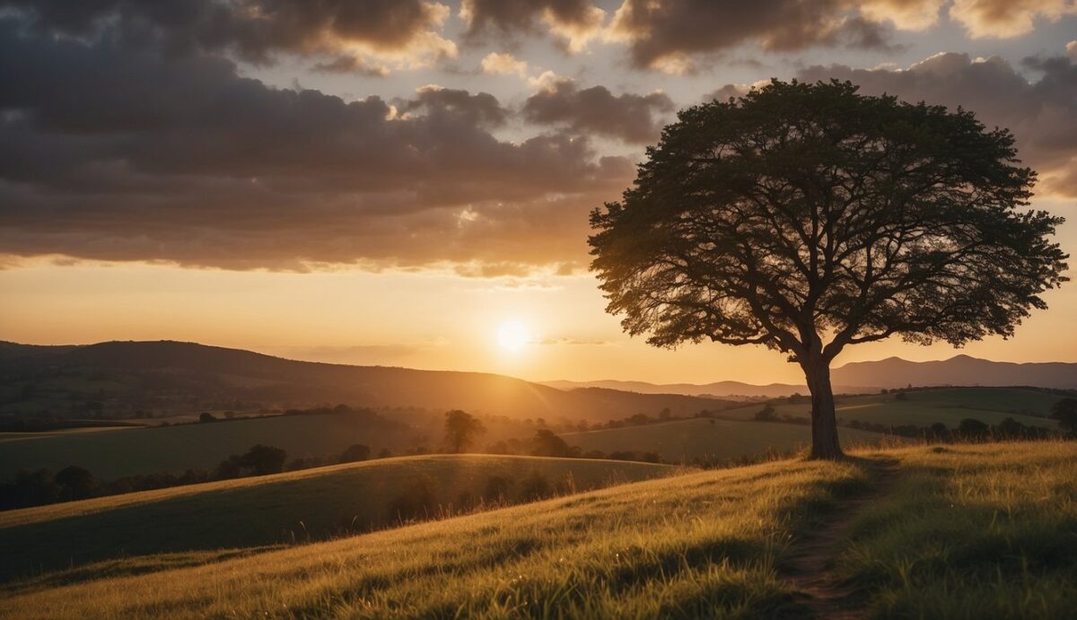 A serene landscape with a solitary tree, symbolizing resilience and growth amidst grief and uncertainty. The sun setting in the distance signifies the passage of time and the gradual healing process