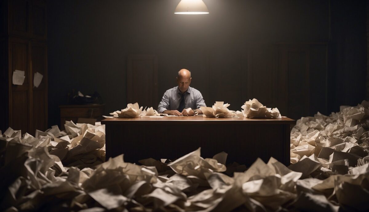 A figure sits alone in a dimly lit room, surrounded by scattered papers and tissues. The weight of uncertainty and grief is palpable in the air