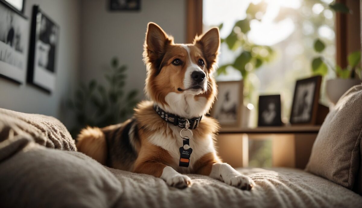 A dog's collar and leash hang on a hook, surrounded by framed photos and a paw print impression. A cozy bed sits in a sunlit corner, adorned with a favorite toy