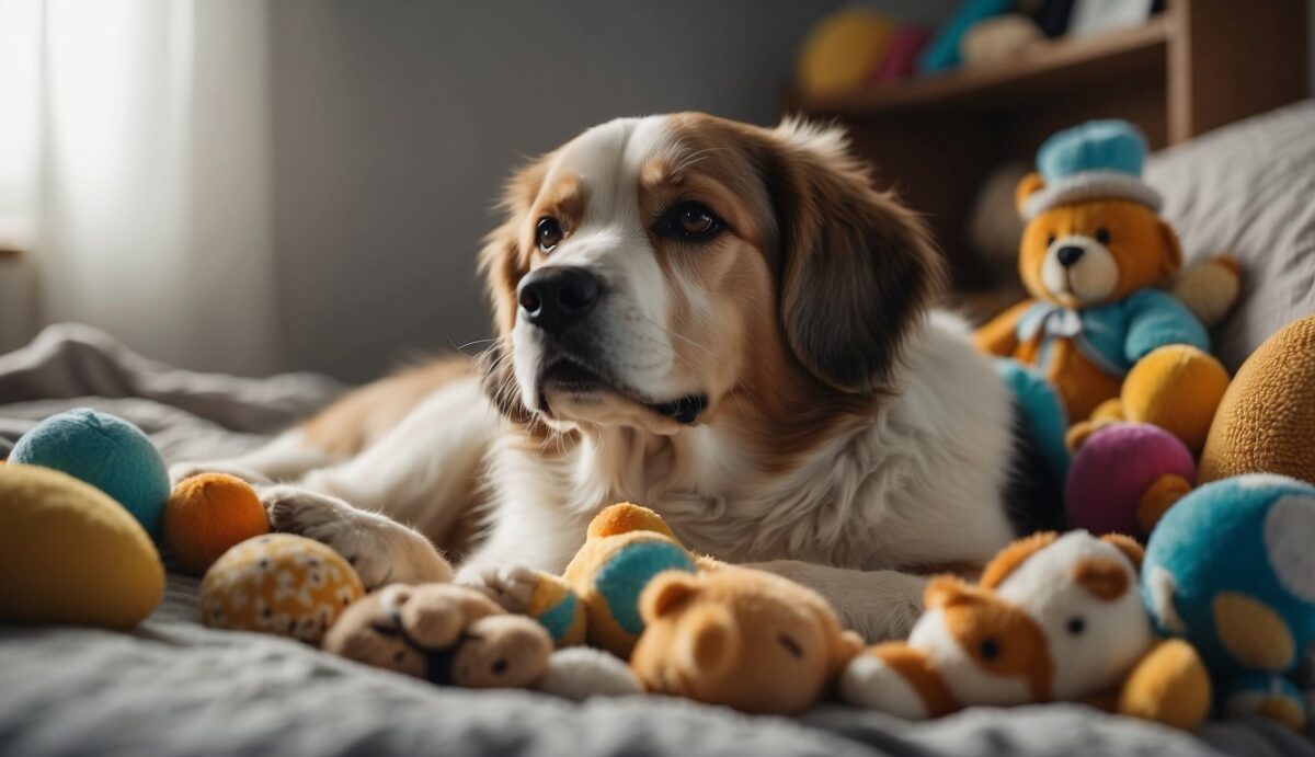 A dog lying peacefully on a comfortable bed, surrounded by their favorite toys and treats. A concerned owner looking at them with a mix of love and sadness