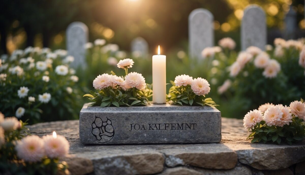 A stone monument with a paw print and engraved name, surrounded by flowers and candles, set in a peaceful garden
