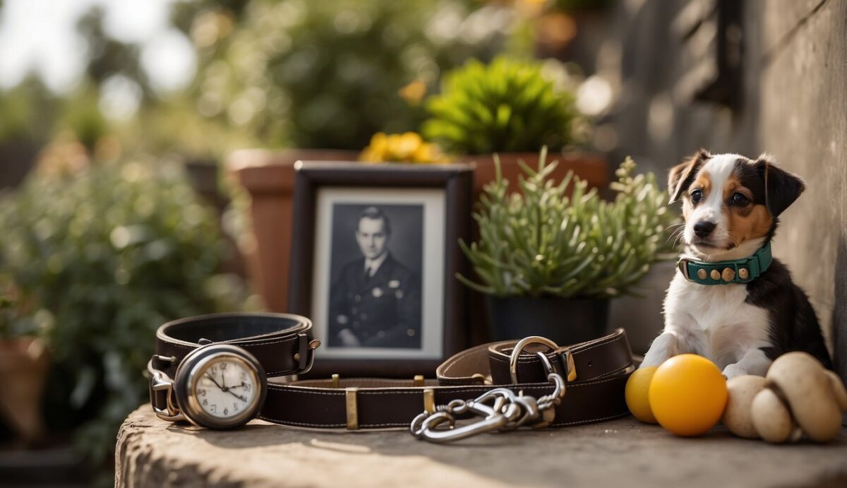 A dog's collar and leash hang on a wall, surrounded by framed photos and a shadow box filled with their favorite toys and treats. A small garden with a personalized memorial stone sits nearby