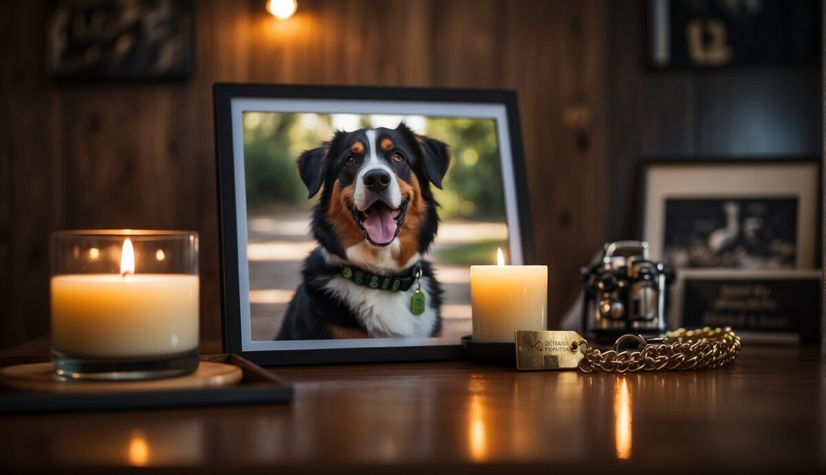 A dog's collar and tag hung on a wooden plaque, surrounded by framed photos and a candle. A paw print and a favorite toy sit nearby