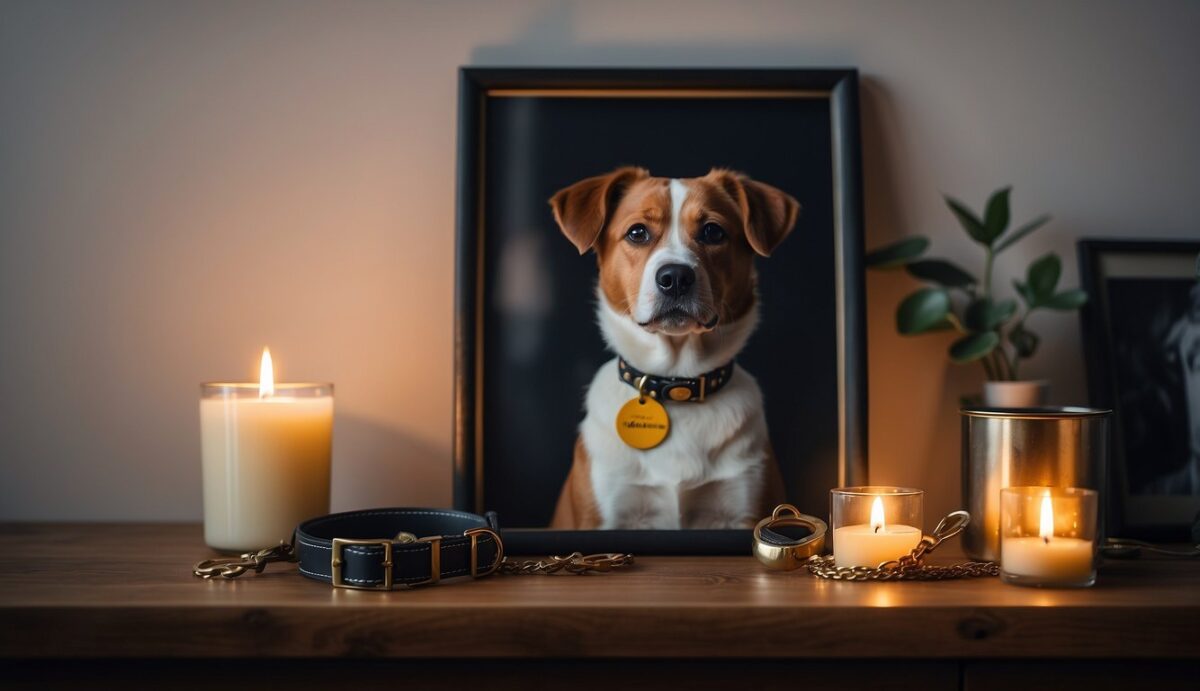 A dog's collar and leash hang on a wall, surrounded by framed photos and a painted portrait of the dog. A candle burns nearby, creating a peaceful and reverent atmosphere