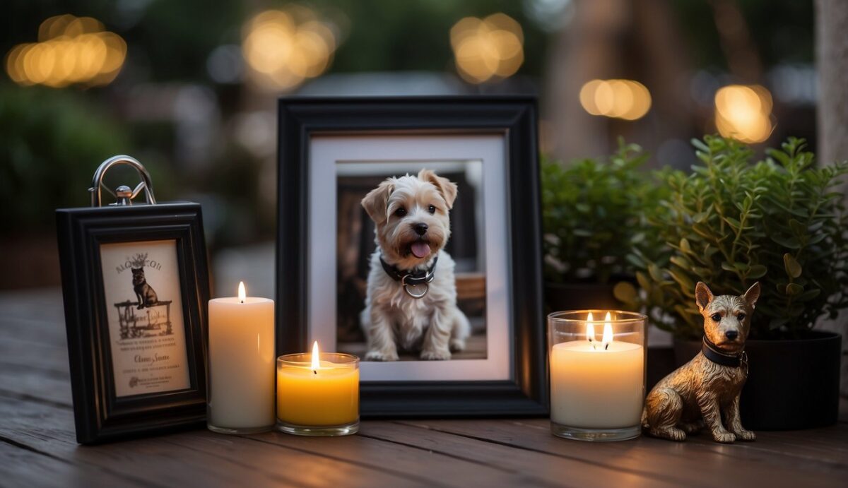A dog's collar and leash hang on a hook, surrounded by framed photos and candles. A small memorial garden with a statue of a dog sits in the background