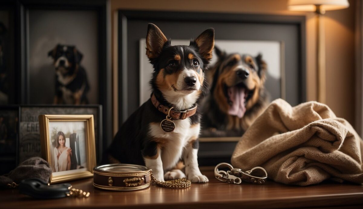 A dog's collar and leash hang on a wall, surrounded by framed photos and a shadow box of cherished toys. A soft bed sits in a sunny spot, adorned with a favorite blanket and a personalized memorial plaque