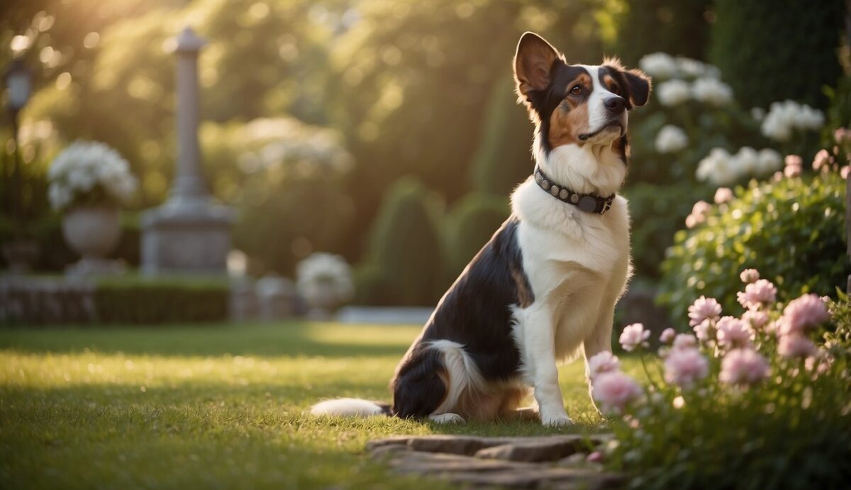 A tranquil garden with a stone monument, surrounded by flowers and a peaceful atmosphere. A dog's collar or favorite toy may be placed as a tribute