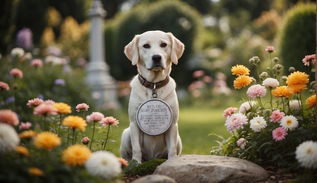 A tranquil garden with a stone monument surrounded by flowers and a small plaque inscribed with "In Loving Memory" for a dog