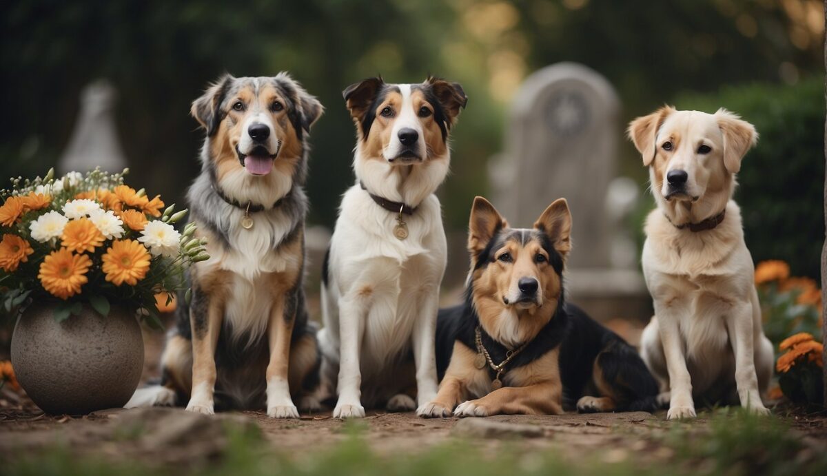 A group of dogs gather around a flower-adorned memorial stone, paying tribute to their beloved companion with wagging tails and solemn expressions
