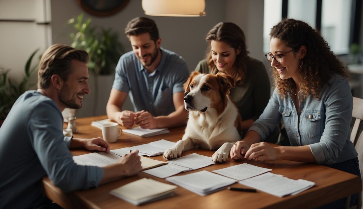 A group of people gather around a table, discussing and planning a memorial service for a beloved dog. They have papers, pens, and photos spread out as they share memories and ideas