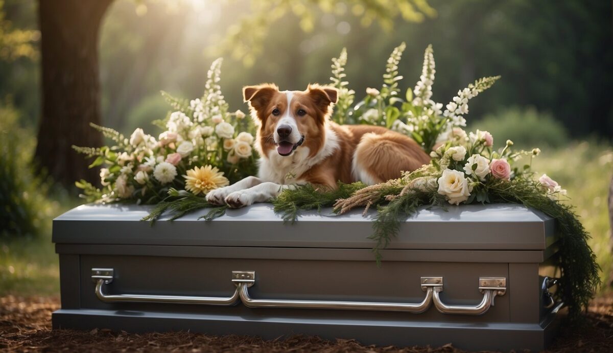 A dog's body is gently placed in a biodegradable casket surrounded by flowers and natural materials. A tree sapling is planted above the casket, symbolizing new life and growth
