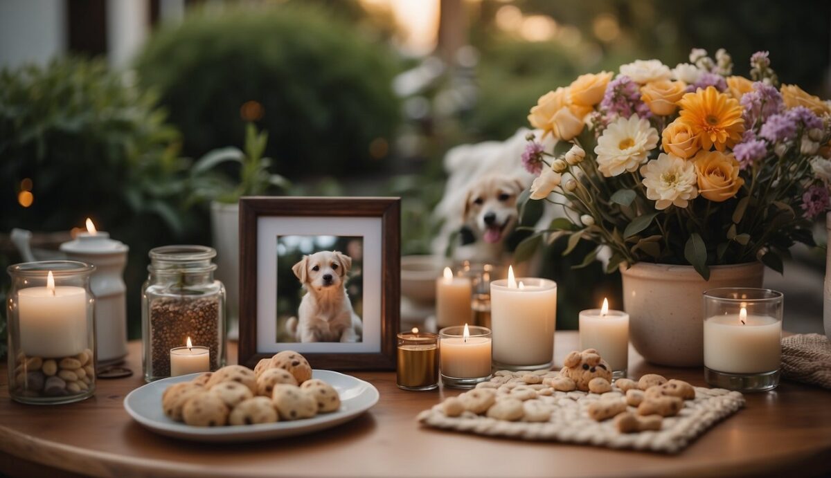 A dog's favorite toys and treats arranged on a table with a framed photo, surrounded by flowers and candles. A peaceful garden setting with a small group of people gathering to honor their beloved furry friend