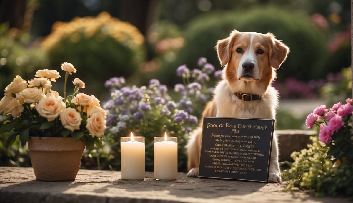 A dog memorial service: A peaceful garden setting with a memorial plaque, flowers, and a dog's favorite toy