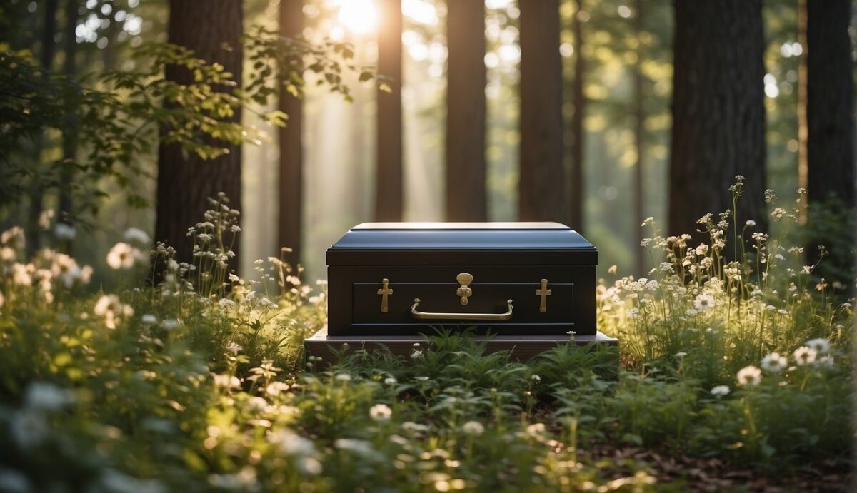 A serene forest clearing with a biodegradable pet casket surrounded by wildflowers and tall trees. The sunlight filters through the leaves, creating a peaceful and eco-friendly setting for a dog funeral